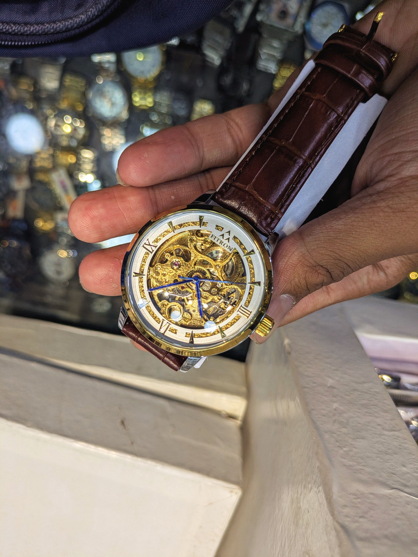 FiTron Two-Tone Style Skeleton Mechanical Dial(Automatic) in Leather Strap