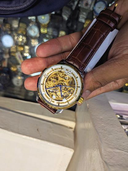 FiTron Two-Tone Style Skeleton Mechanical Dial(Automatic) in Leather Strap