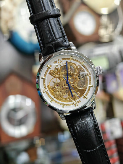 FiTron Two-Tone Style Skeleton Mechanical Dial(Automatic) in Leather Strap