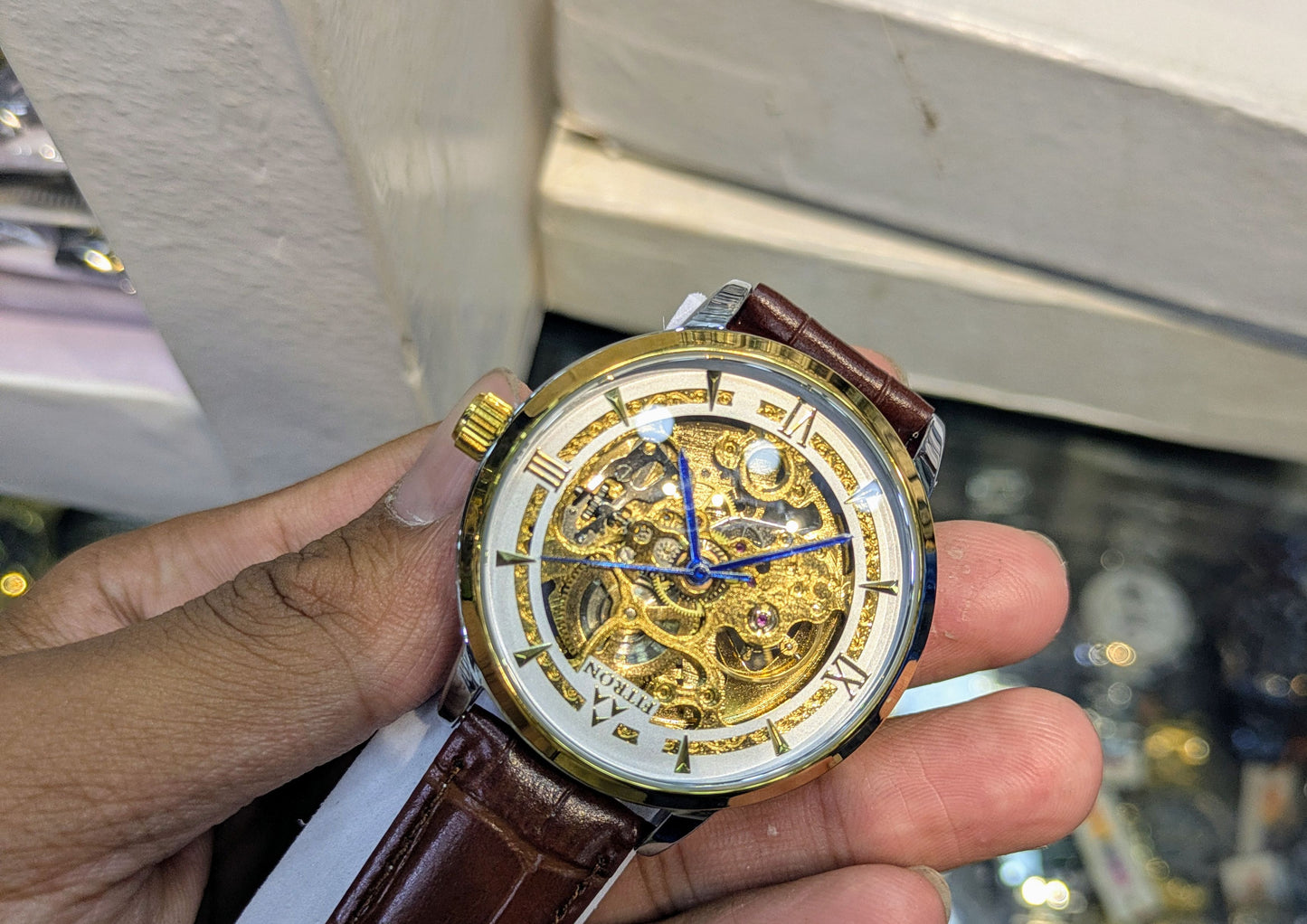 FiTron Two-Tone Style Skeleton Mechanical Dial(Automatic) in Leather Strap