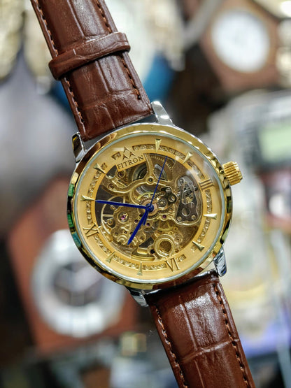 FiTron Two-Tone Style Skeleton Mechanical Dial(Automatic) in Leather Strap
