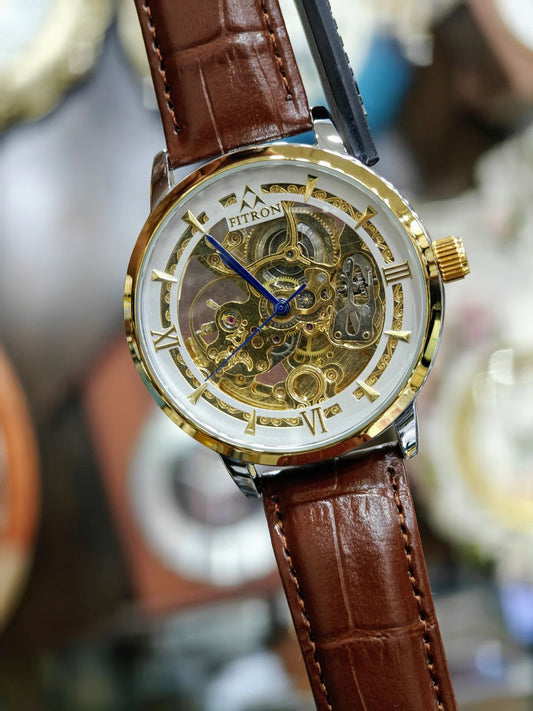 FiTron Two-Tone Style Skeleton Mechanical Dial(Automatic) in Leather Strap