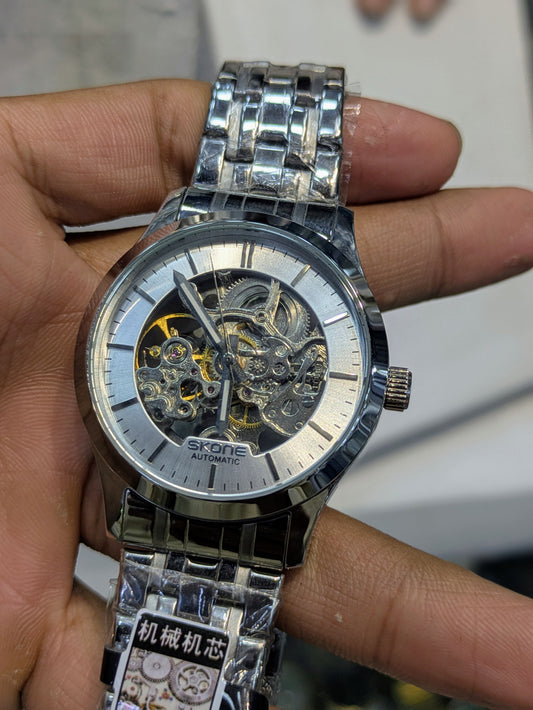 Skone in Silver Colour Style Skeleton Mechanical Dial (Automatic)