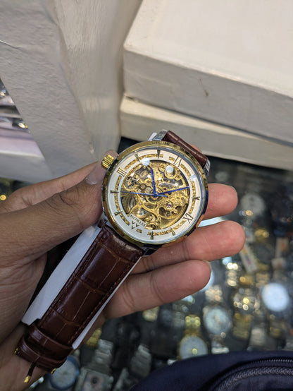FiTron Two-Tone Style Skeleton Mechanical Dial(Automatic) in Leather Strap